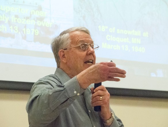 Climatologist Mark Seeley makes a point in his presentation at the Land Stewardship Project's Starbuck, Minnesota, gathering.